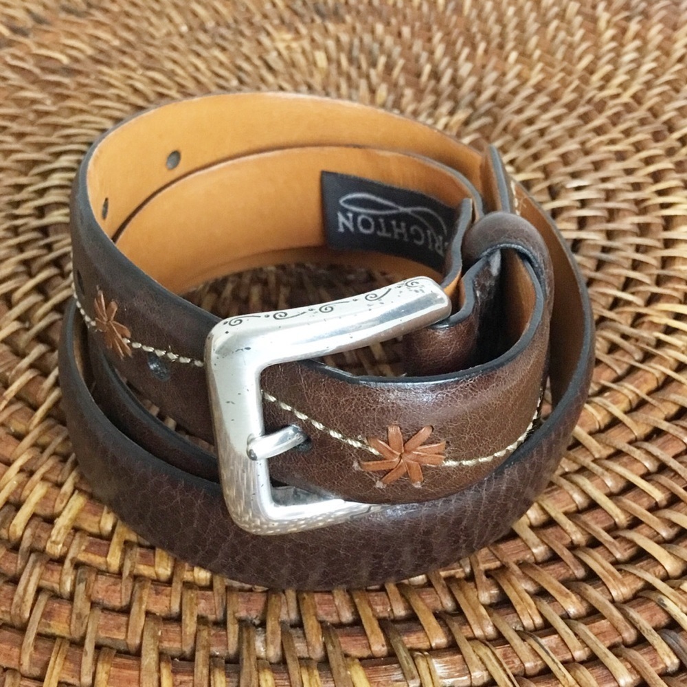 Vintage Brighton Brown With Flowers Embroidery Leather Belt Size M 30